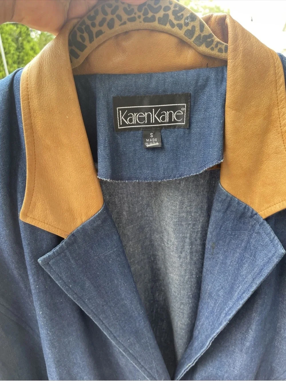 Karen Kane Blue Denim Bomber Jacket with Tan Leather Collar